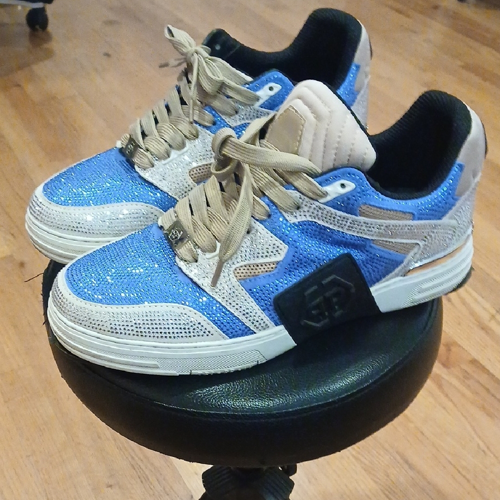 Philipp Plein Blue and Beige Sparkle Men's Sneakers with sole protectors.